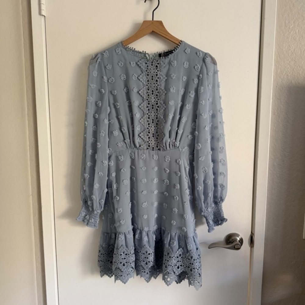 Simplee Womens Blue Swiss Dot Crochet Lace Mini Dress NWT Coquette Feminine